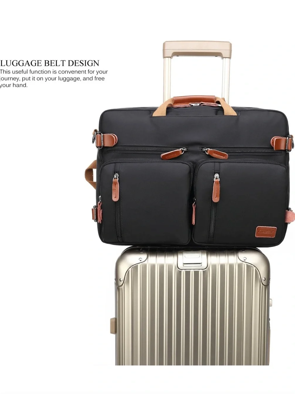 Convertible Black Briefcase Messenger Bag w/ Tan Accents hidden backpack straps